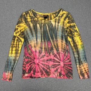 Rising International Tie Dye Long Sleeve Mesh Top Boho Y2K Spiral Yellow Pink